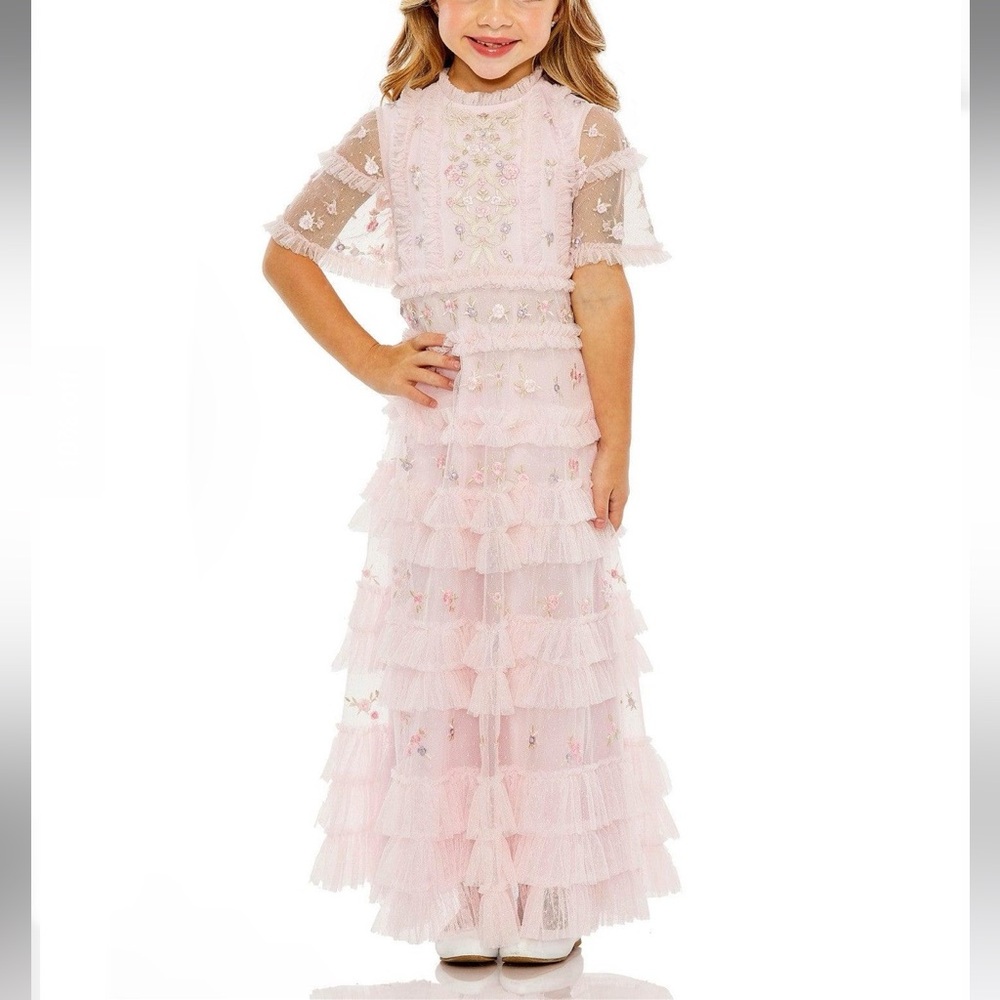 Mac Duggal 8065 Little Girls Pink Floral Embroidered 
Short Sleeve Long Dress